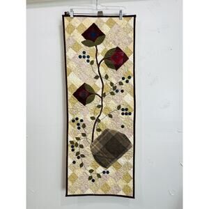 Quilted Wool Applique & Buttons Wall Hanging Roses Red Flowers Runner Long Tapes